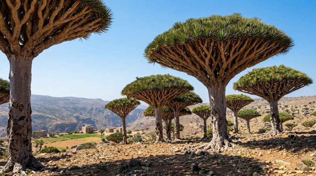 Dragon Blood trees on peaceful Socotra Island